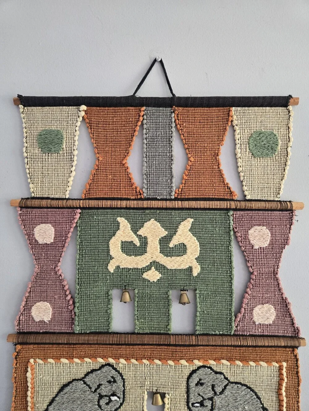 Elephants Woven Handmade Wall Hanging Tapestry with Brass Bells 31 in x 19 in